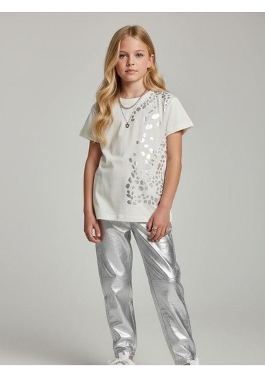 Zekids Kız Çocuk Taş Baskı Detaylı Basic T-shirt-16980 Ekru