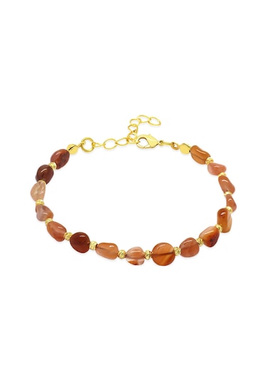 Gold Renk Metal Zincirli Dorika Top Süslemeli Amorf Kırmızı-beyaz Akik Doğaltaş Kadın Bileklik Gold