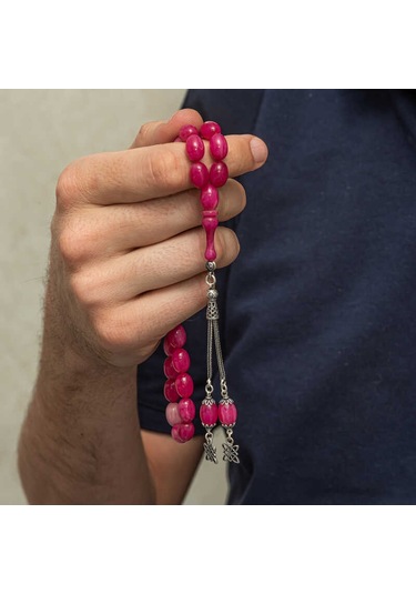 Gümüş Püsküllü Pembe Sıkma Kehribar Tesbih Sl12596 Gümüş