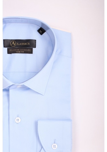 Aclassics Erkek Mavi Slim Fit Saten Pamuk Cepsiz Gömlek