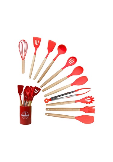 Reedark Gıda Grubu Silikon 12'li Çelik Kolu Mutfak Gereçleri Seti - Isı Dayanıklı, Kaymaz, Ev Kullanıma Uygun Kırmızı, 700g Diğer