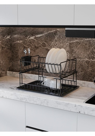Suntel İki Katlı Modüler Tabaklık Bulaşıklık Mat Siyah