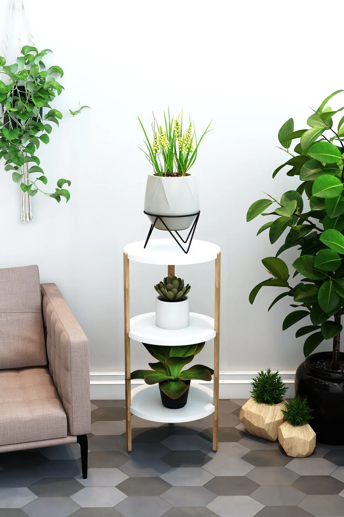 Miray 3 Raflı Yuvarlak Ahşap Sehpa / Çok Amaçlı Kullanım / Yüksek Kalite, Şık Tasarım Beyaz