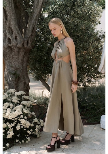 Bunina Bağcıklı Boncuk Detay Haki Uzun Elbise Haki