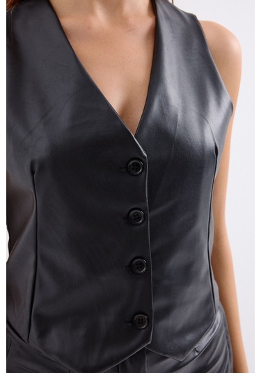 Bigdart 6799 Kısa Suni Deri Yelek - Siyah 001