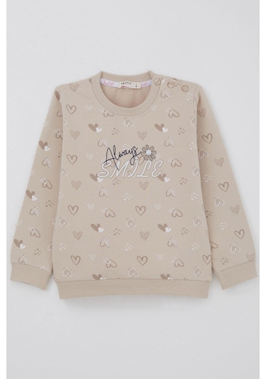 Breeze Kız Çocuk Sweatshirt Kalp Desenli Yazı Baskılı 1.5-5 Yaş, Bej Bej