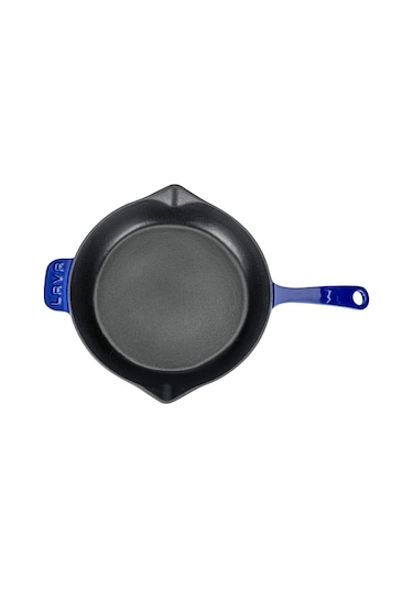 Lava Döküm Çap Ø 28cm. Yuvarlak Kızartma Tavası Döküm Demir Yekpare Saplı Premium Serisi. - Majolica Mavi