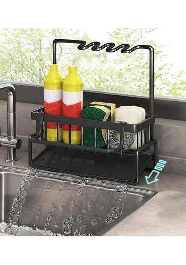 Pazly Mutfak Lavabo Organizatörü Sünger Tutucu, Kendiliğinden Boşalan Tepsi, Bulaşık Sabunu, Fırçalama, Bezi, Paslanmaz Çelik Raf Siyah