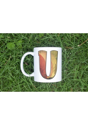 U Harf Yaprak Renkleri İle Kupa Bardak - Kişiye Özel Alfabe Harfli Bardak - Hediye Beyaz