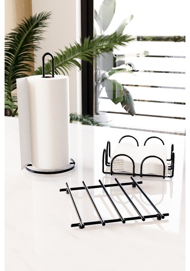 Bino Servis Sunum Seti Havluluk Peçetelik Nihale Paslanmaz Çelik Mat Siyah Metal 3 Lü Mutfak Seti