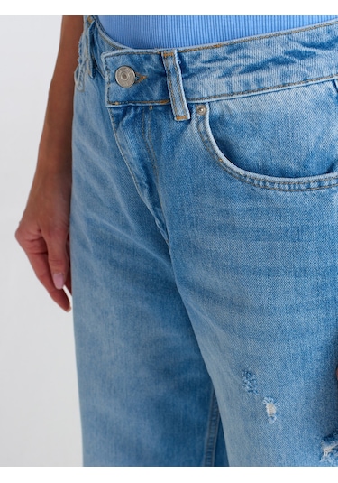Dilvin Saat Cebi Kesik Straight Denim Pantolon Mavi