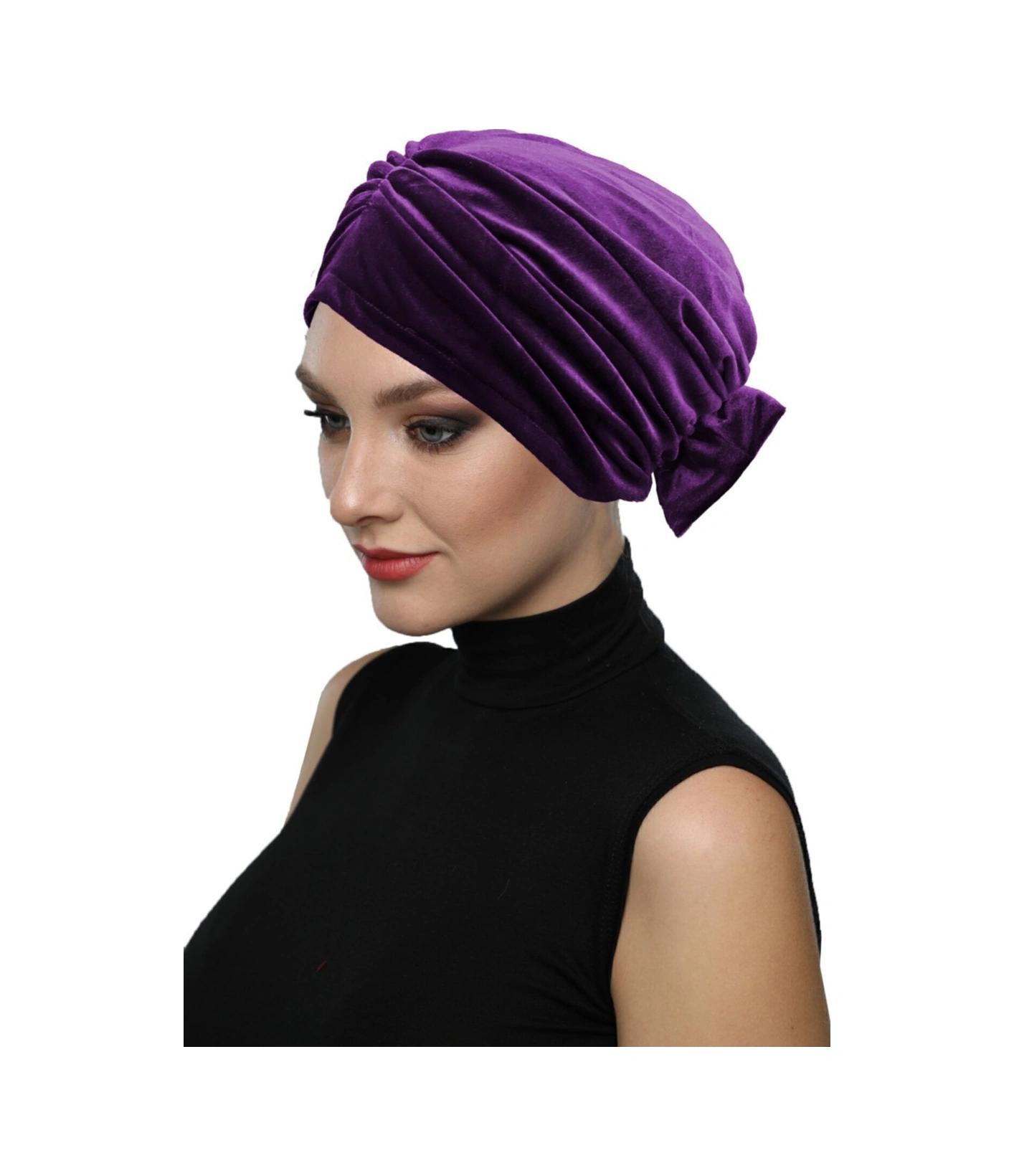 Kadife Fiyonklu Astarlı Mor Hazır Türban Tesettür Bone Mor