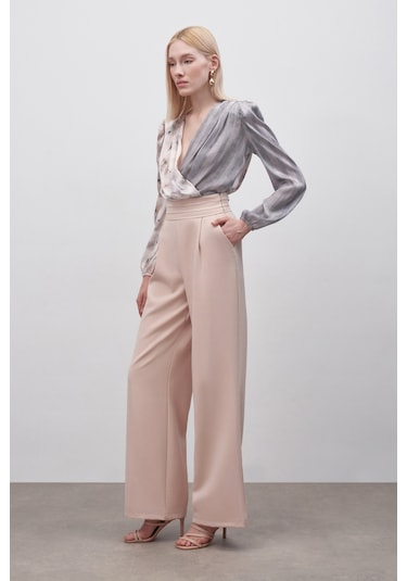 Sateen Bel Detaylı Cepli Pantolon - Bej-132327 Bej