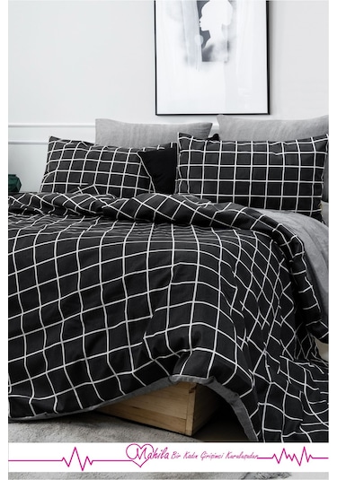 Battal Boy Lüks Pamuklu Nevresim Seti Siyah Kare Desen Çok Renkli