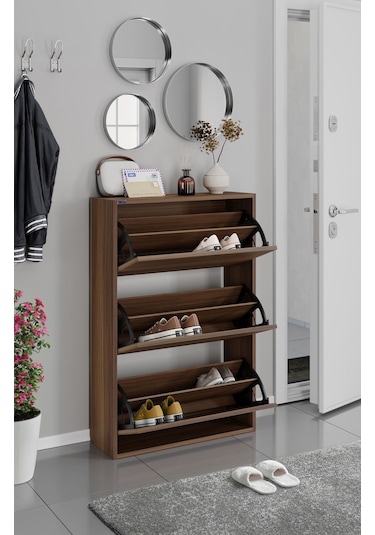 Ceha 3'lü Düşer Kapaklı Ahşap Ayakkabılık - Anadolu Ceviz A.AYK-3/A.CEVİZ