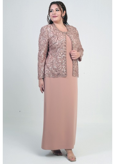 Kadın Pul İşlemeli Boncuk Detaylı Tül Ceket Yarım Ay Kollu Uzun Elbise Astarlı Krep Büyük Beden 2'li Takım Gold