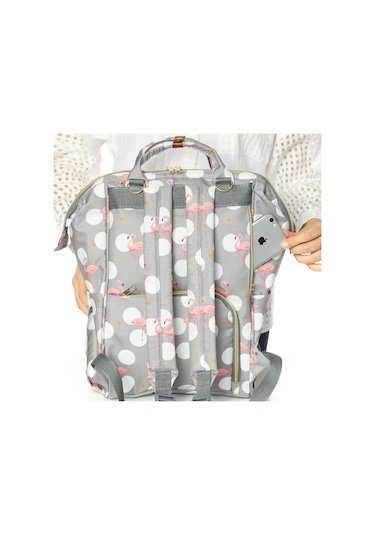 Lal Baby Flamingo Desenli Anne Bebek Bakım Sırt Çantası Gri