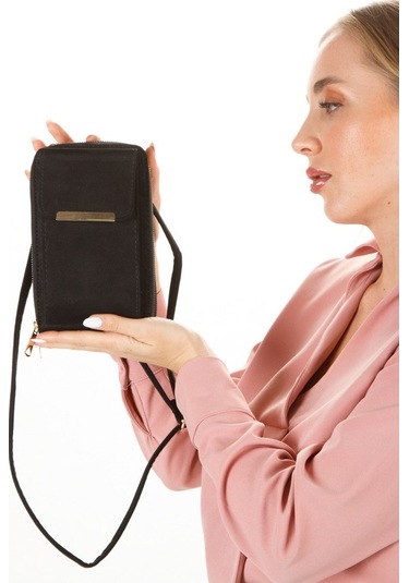 Newish Polo Kadın Siyah Süet Bella Telefonluk Cüzdan El Ve Omuz Çantası New283 Siyah