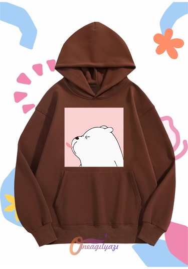 Çocuk Unisex Dil Çıkaran Köpek Baskılı Oversize Kapüşönlü Sweatshirt Kahverengi