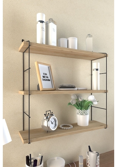 Eva Metal Tasarim Modern Büyük Boy 3 Katlı Duvar Rafı Çam Desenli