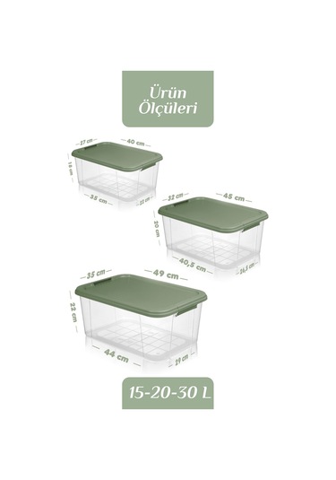 3'lü 15-20-30 L Çok Amaçlı Saklama Kabı Seti - Kilitli Kapak Banyo Mutfak Düzenleyici Saklama Kutusu Yeşil