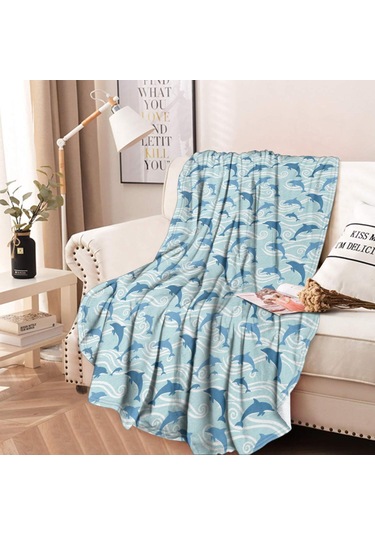Yunus Desenli 60 İnç Yuvarlak Flanel Battaniye, Yumuşak, Hafif, Ev Seyahat-a21 Dolphin Wave Silhouette