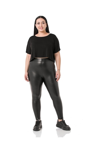 Disentis Büyük Beden Beli Lastikli Bilek Hizasında Deri Tayt Siyah