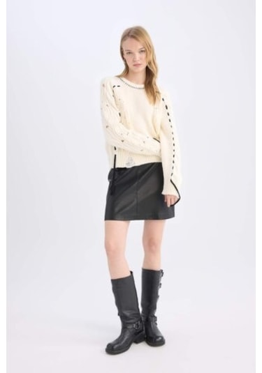 Defacto D3016ax24wnbk27 Coool A Kesim Yüksek Bel Suni Deri Kadın Mini Etek Siyah