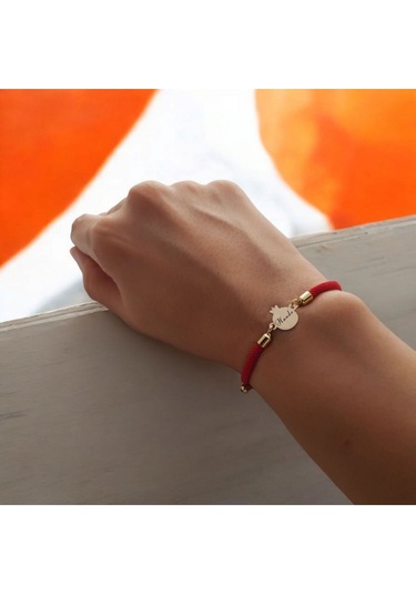 Hande İsmine Özel İpek Örgülü 14 Ayar Altın Plakalı Nar Motifli Hediye Bileklik-323isim-kırmızı Altın