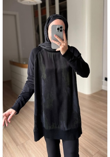Kahijab Yan Fermuarlı Desenli Boğazlı Merserize Tunik - Siyah