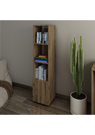 Kuzey 4 Raflı, Kapaklı Minimal Beyaz Kitaplık Antik Ceviz