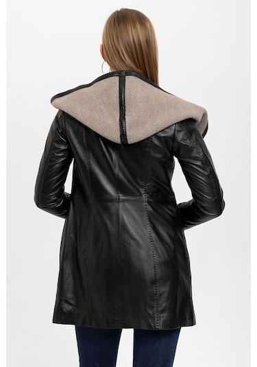 Siyah Julia Triko Kapüonlu Kemerli Hakiki Kadın Deri Kaban-siyah Siyah