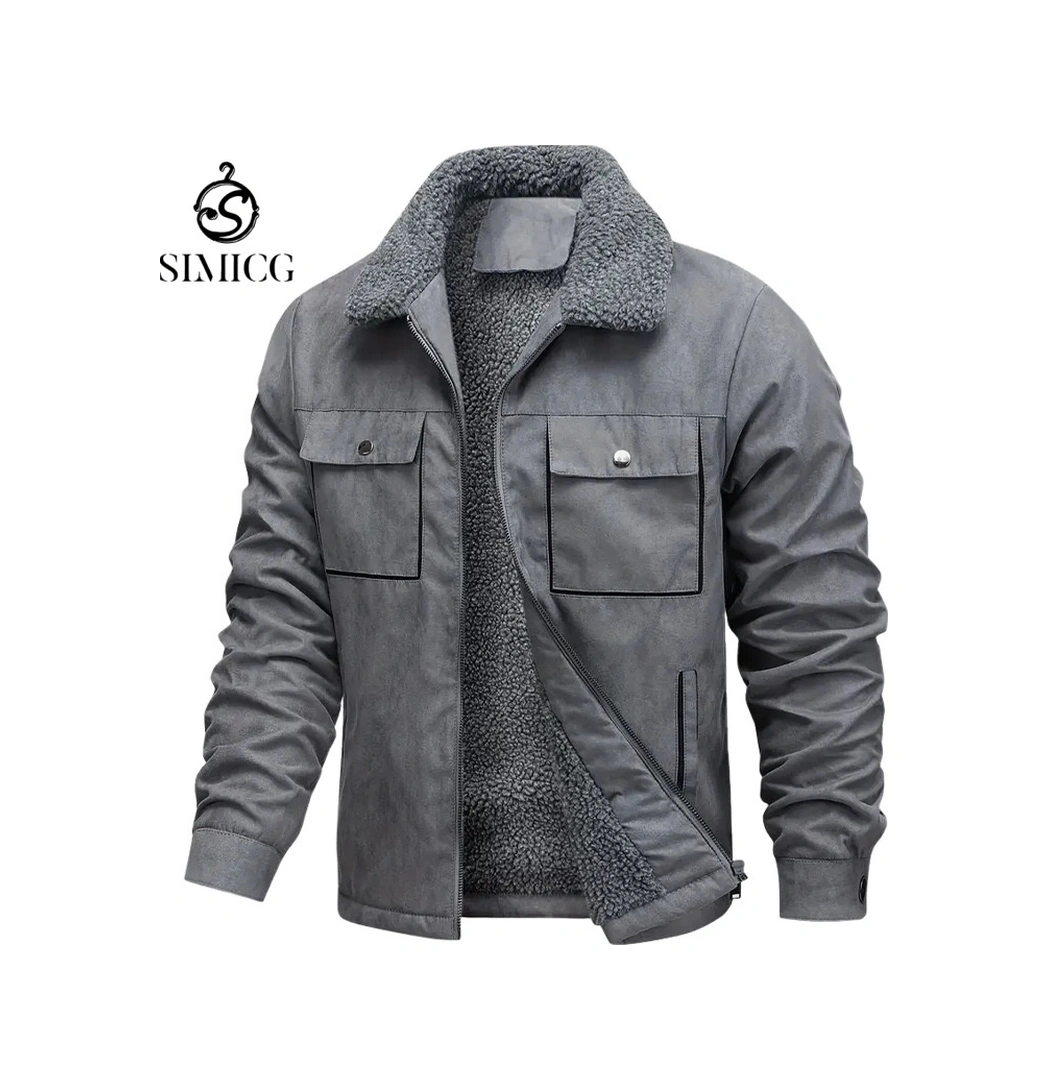 Kışlık Erkek Süet Ceket Yüksek Kaliteli Erkek Ceket Artı Kadife Kuzu Derisi Pamuklu Ceket Gri