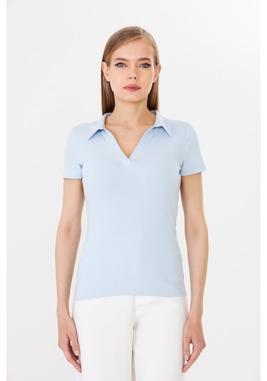 Hdm Kadın Mavi Polo Yaka Fitilli Günlük Bluz - H6038