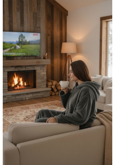 Serona Wellsoft Peluş Kapüşonlu Uzun Panço Yumuşak Dokulu Giyilebilir Tv Battaniyesi Antrasit S/m Antrasit