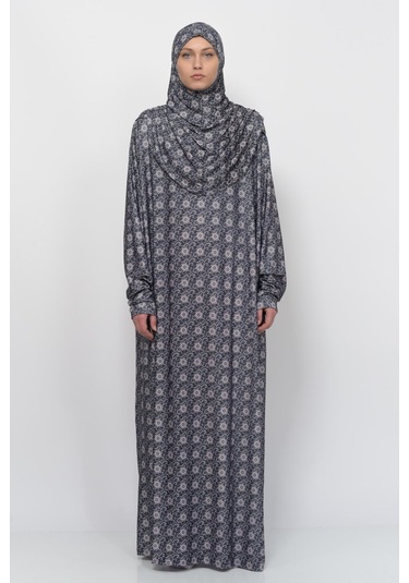 Pratik Tek Parça Güneş Desenli Kollu Tak Çıkar Başörtülü Likralı Tesettür Namaz Elbisesi 990-0302 Siyah