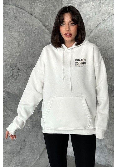 Kadın Krem Charlie Luciano Baskılı Oversize Kapüşonlu Sweatshirt Krem