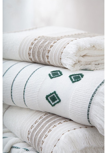 Ecocotton İmre Bej-yeşil "m-l" %100 Organik Pamuk Müslin Jakarlı Aile Bornoz Seti Bej - Yeşil