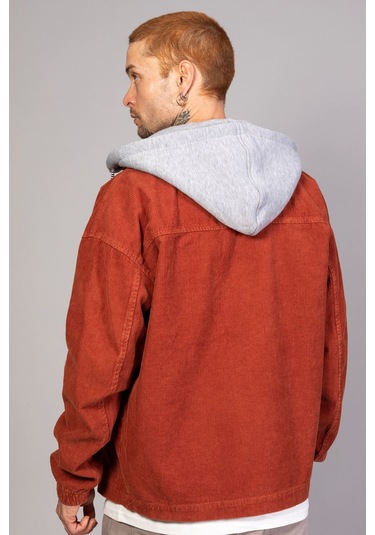 Erkek Kiremit Çıkarılabilir Kapüşonlu Oversize Pamuklu Kadife... Kiremit