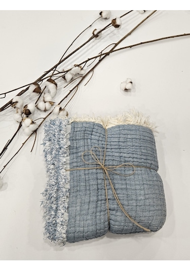 Gidia Denim Mavi 7 Katlı Çift Taraflı Dolgulu Müslin Bebek - Çocuk Battaniyesi Pamuk 110 x 110 CM Mavi