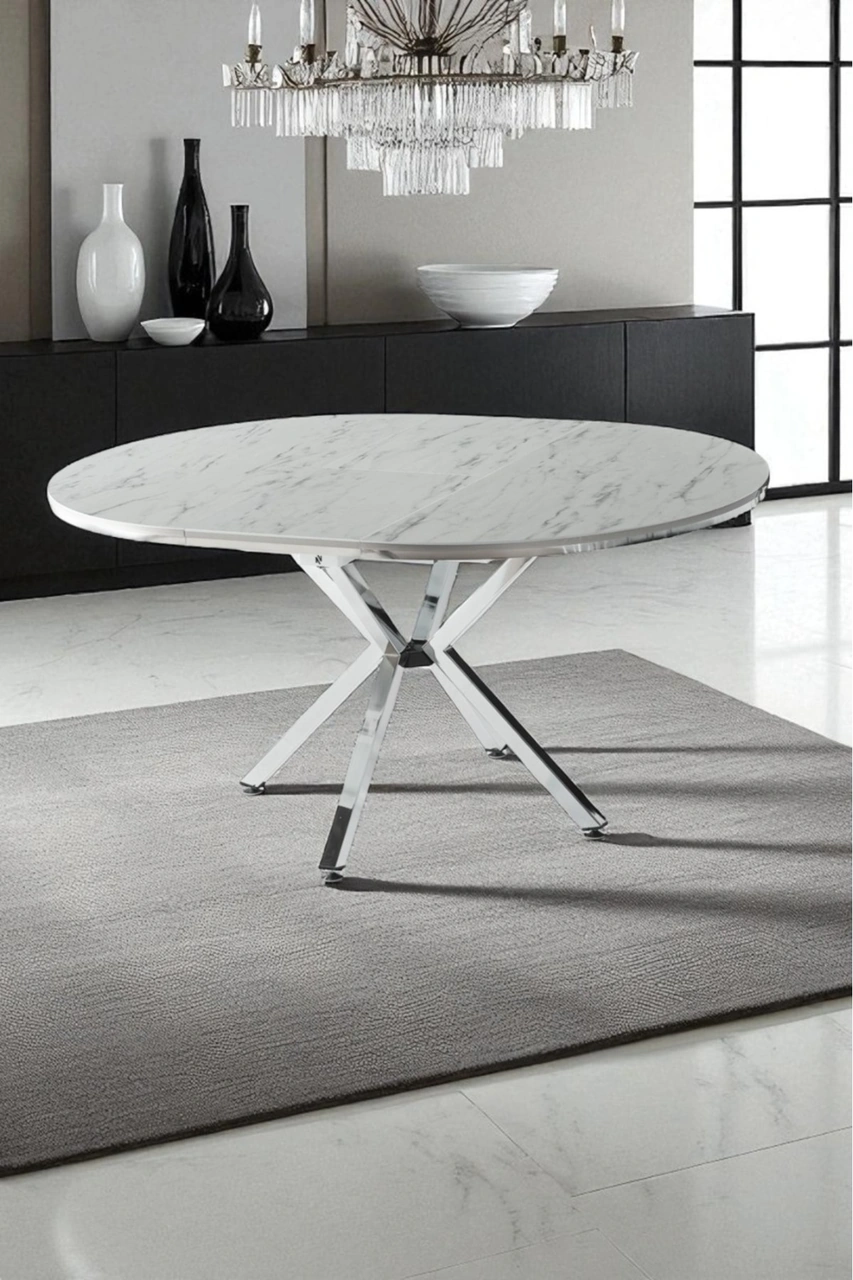 Dengema Zenit Plus Açılır Yuvarlak Masa Sandalyesiz Beyaz Mermer, Krom Ayak, Ø120 160 Cm Beyaz Mermer - Krom Ayak Dengema Zenit Plus Açılır Yuvarlak Masa Sandalyesiz Beyaz Mermer, Krom Ayak, Ø120 160 Cm Beyaz Mermer - Krom Ayak