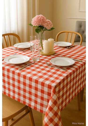 Mira Home Kareli Masa Örtüsü Sofra Bezi 160x160 Cm Happytime Kırmızı