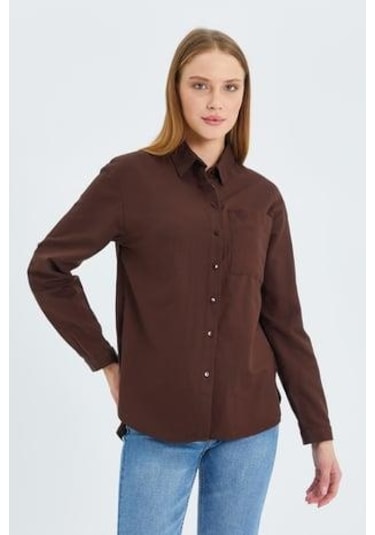 9942 Kadın Oxford Uzun Kol Basic Gömlek Kahve Kahve