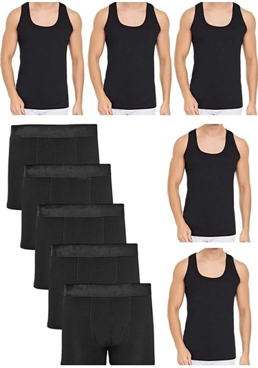 Tezzgelsin Erkek Pamuklu Penye 5 Atlet Ve 5 Boxer Siyah Siyah Siyah - Siyah