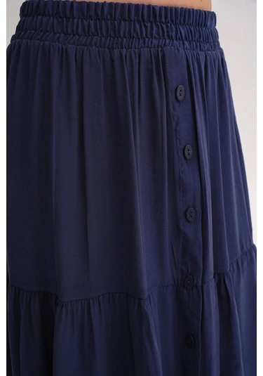 4662 Kadın Düğme Detaylı Büzgülü Modal Etek Lacivert Lacivert