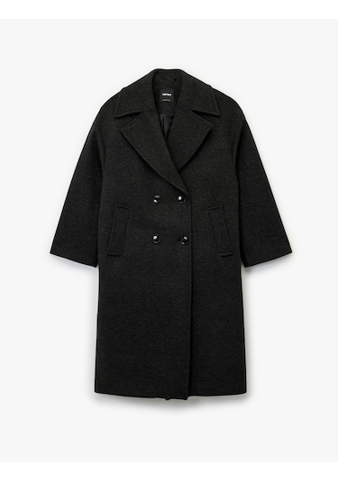 Koton Uzun Kollu Kruvaze Düğmeli Ekstra Uzun Kaşe Kaban Antrasit 6wak00162ew Antrasit