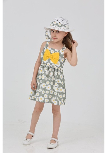 Papatya Baskılı Askılı Şapkalı Elbise Yeşil