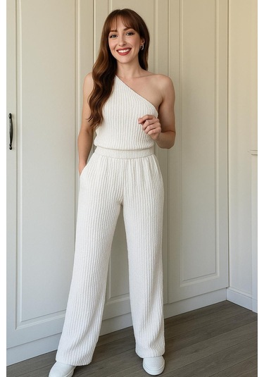 Tek Omuzlu & Gofre Dokulu İkili Takım Beyaz