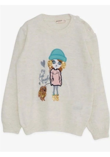 Kız Çocuk Pul Süslemeli Triko Bisiklet Kazak-15193 Krem