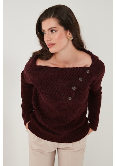 Lela Premium Regular Fit Kayık Yaka Düğme Detaylı Bayan Kazak 680Kz002563 Bordo